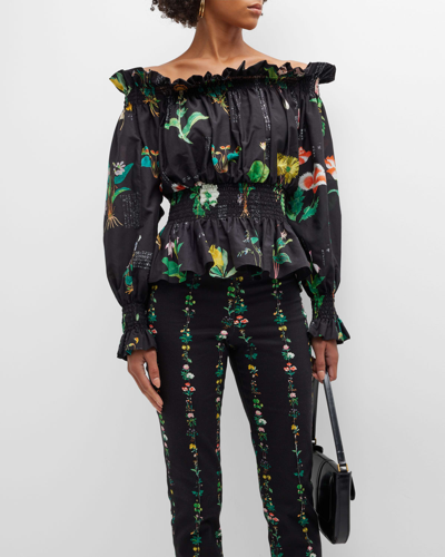 Adam Lippes Floral-print Smocked-waist Off-the-shoulder Top In Black Multi