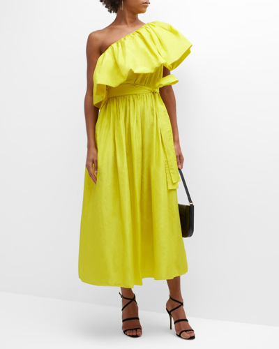Adam Lippes Ruffle One-shoulder Belted Silk Midi Dress In Yellow