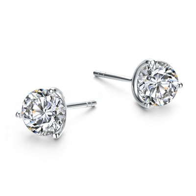 Rachel Glauber White Gold Plated And Clear Cubic Zirconia Solitaire Stud Earrings In Silver