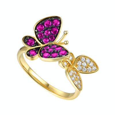Genevive 14k Gold Plated Sterling Silver With Ruby & Diamond Cubic Zirconia Double Butterfly Stacking Ring In Red