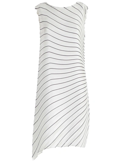 Issey Miyake Striped Pleated Midi Dress In Ligh Grey