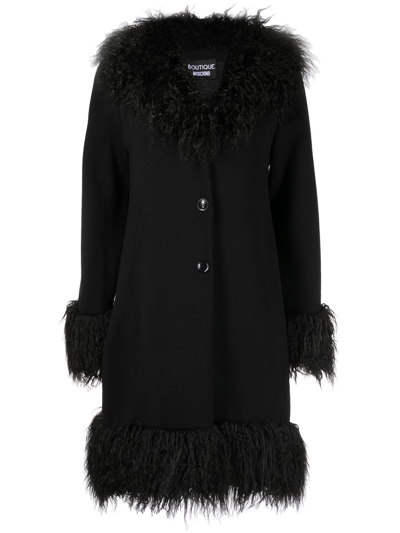 Boutique Moschino Single-breasted Fur-trimmed Coat In Black