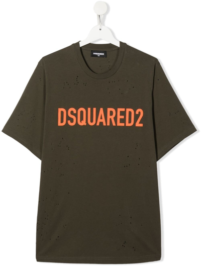 Dsquared2 Kids Military Green T-shirt With Ruined Effect And Contrast Logo In Verde Militare