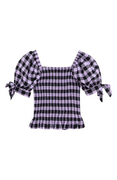 Habitual Kid's Gingham Smocked Puff Sleeve Cotton Top In Lilac