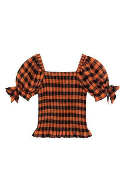 Habitual Kid's Gingham Smocked Puff Sleeve Cotton Top In Rust
