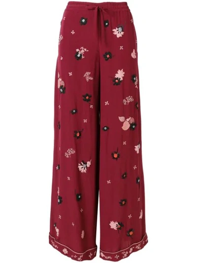 Valentino Floral Embroidered Palazzo Pants In Red