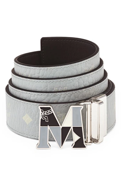 Mcm Men's Claus Reversible Logo Buckle Belt In Misty Gray Visetos