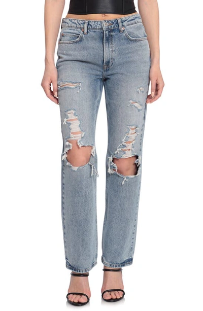 Avec Les Filles Ripped Distressed High Waist Straight Leg Nonstretch Jeans In Blue