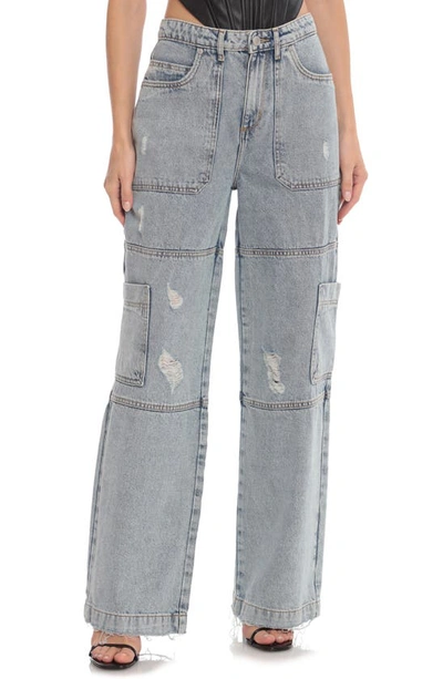 Avec Les Filles High Rise Wide Leg Cargo Jeans In Tunnel Destructed Wash In Blue