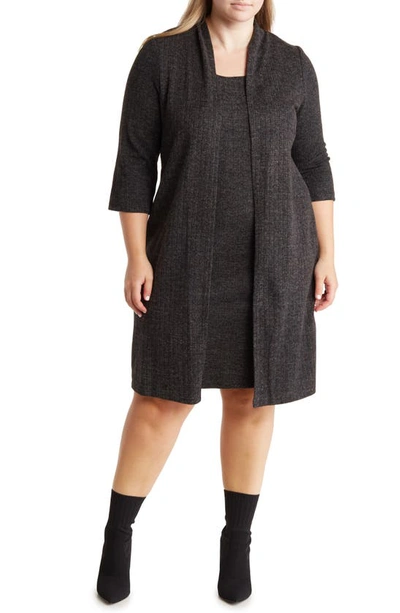 Connected Apparel Rib Knit Jacket Midi Dress In Black