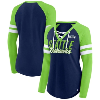 Fanatics Branded College Navy/neon Green Seattle Seahawks True To Form Raglan Lace-up V-neck Long Sl In Navy,neon Green