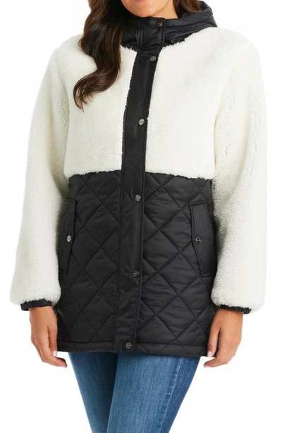 Sanctuary Mixed Media Faux Shearling Quilted Coat In Black
