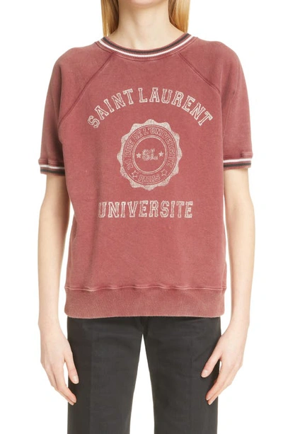Saint Laurent Université Short Sleeve Cotton Logo Graphic Sweatshirt In Bordeaux
