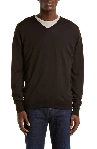 John Smedley Bobby V-neck Merino Wool Sweater In Dark Cocoa