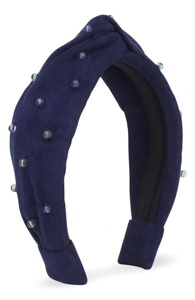 Autumn Adeigbo Mirabella Faux Suede Knotted Headband In Sapphire Blue Suede