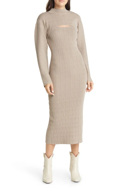Moon River Textured Cutout Long Sleeve Midi Sweater Dress In Taupe
