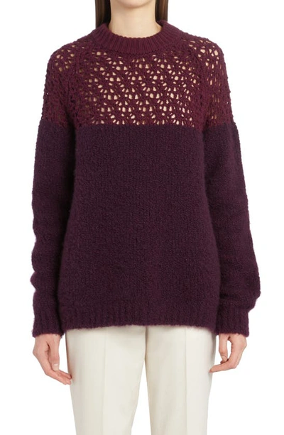 Agnona Crochet Yoke Crewneck Cashmere & Silk Bouclé Sweater In Amarone