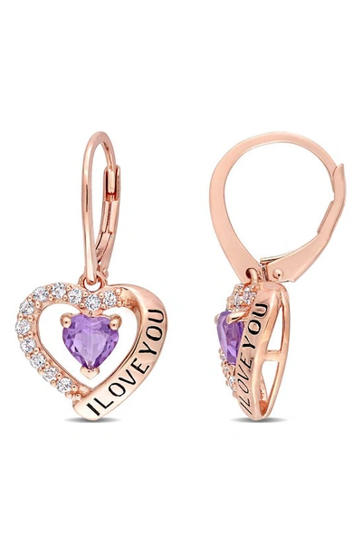 Delmar 'i Love You' Amethyst & White Topaz Heart Drop Earrings In Purple