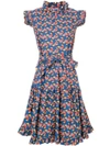 La Doublej Flared Chicken Print Dress In Blue