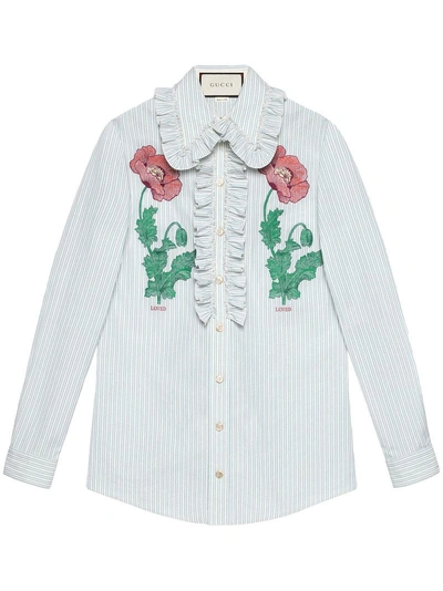 Gucci Embroidered Striped Cotton Shirt In Blue
