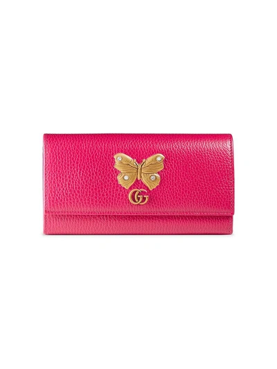 Gucci Leather Continental Wallet With Butterfly In Pink