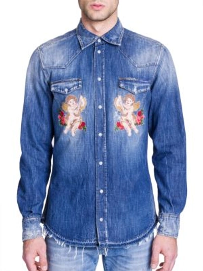 Dolce & Gabbana Cherub Embroidery Western Denim Shirt In Blue