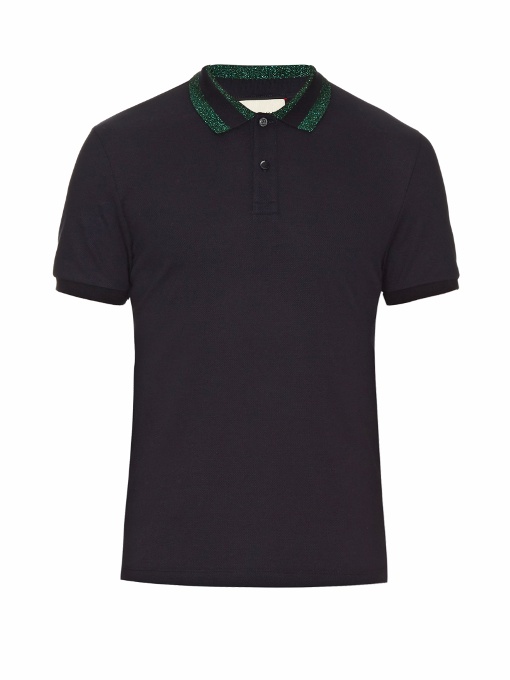 Gucci Lamé Collar Cotton-blend Polo Shirt In Navy | ModeSens