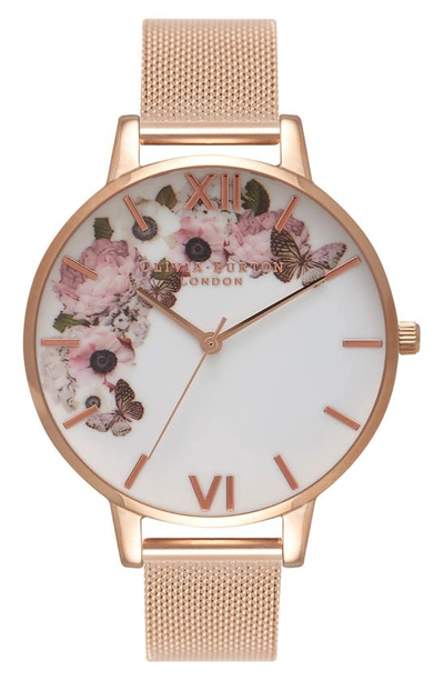Olivia Burton Signature Florals Mesh Bracelet Watch, 38mm In White/rose Gold
