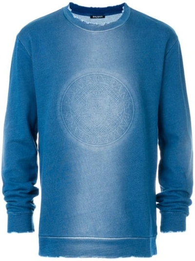 Balmain Distressed Cotton-jersey Logo Sweatshirt In Denim