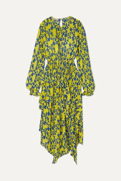 Preen Line Eden Asymmetric Ruffled Floral-print Crepe De Chine Dress In Yellow