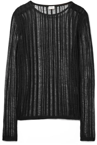 Saint Laurent Striped Open-knit Linen And Silk-blend Top In Black