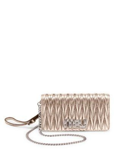 Miu Miu Matelasse Metallic Leather Wallet-on-chain In Gold