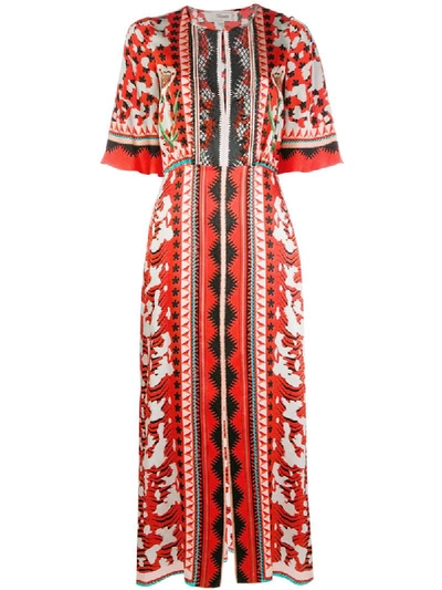 Temperley London Odyssey Lace-trimmed Printed Hammered-silk Midi Dress In Red