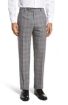 Zanella Devon Flat Front Plaid Wool Trousers In Light Grey