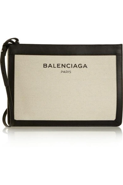 Balenciaga Navy Pochette Leather-trimmed Canvas Shoulder Bag In Neutrals |  ModeSens
