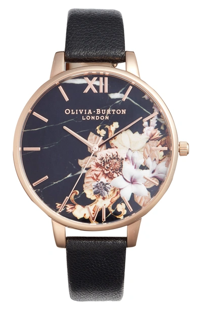 Olivia Burton Marble Floral Leather Strap Watch, 38mm In Black/ Floral/ Rose Gold