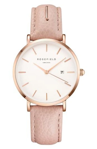 Rosefield The September Issue Leather Strap Watch, 33mm In Pink/ Rose Gold
