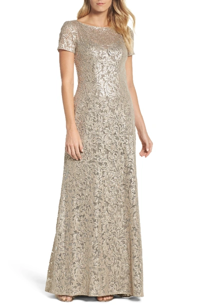 La Femme Boat-neck Short-sleeve Lace Embroidered Evening Gown In Light Gold