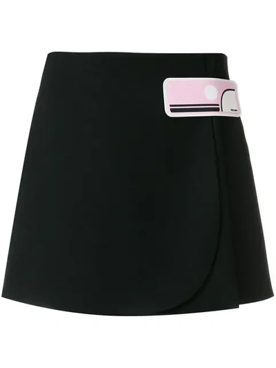Prada Rubber Logo Patch Wool Nattè Mini Skirt In Black/pink