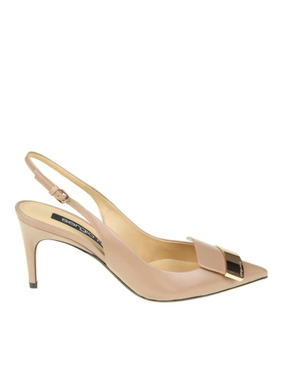 Sergio Rossi Chanel Pointed In Leather Nude Color With Gold Metal Plat In Bright Skin