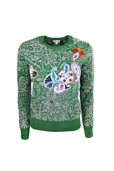 Kenzo Embroidered Floral Sweater In Verde
