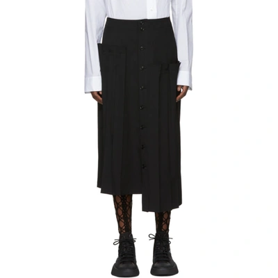Y's Pleated Button Front Wool Skirt In Black
