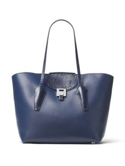 Michael Michael Kors Large Bancroft Leather Tote With Genuine Snakeskin Trim - Blue In Sapphire