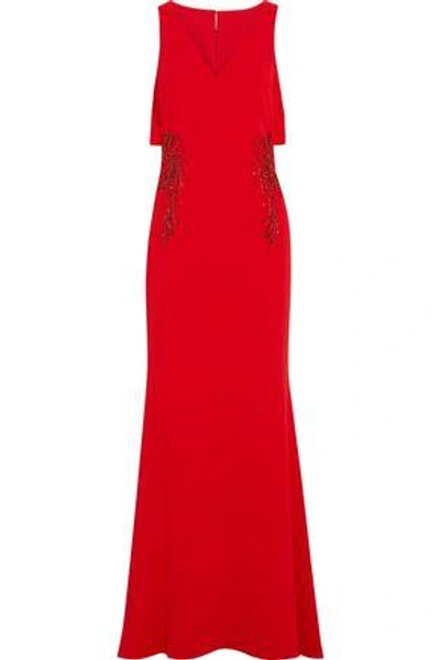 Badgley Mischka Woman Embellished Cutout Crepe De Chine Gown Red