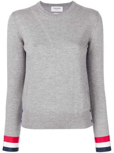 Thom Browne Grosgrain-cuffed Fine Merino Wool Crew Neck Pullover In Grey