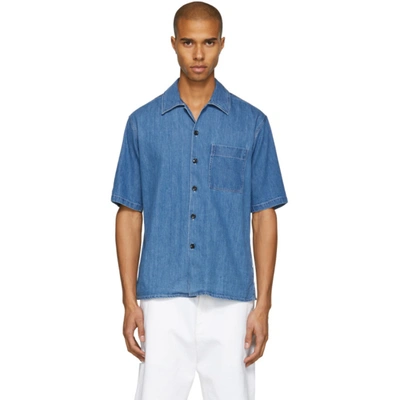 Ami Alexandre Mattiussi Point-collar Short-sleeved Denim Shirt In 408 Indigo Rince