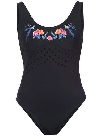 Cynthia Rowley Racy Embroidered Floral One Piece - Black