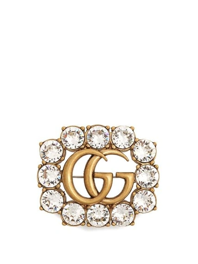 Gucci Gold Gg Crystal Marmont Brooch In Metallic