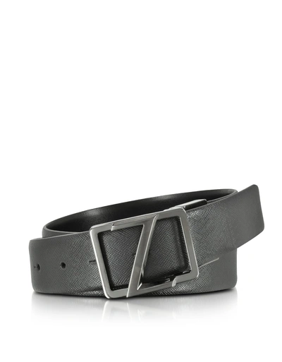 Ermenegildo Zegna Black Leather Reversible & Adjustable Belt W/gunmetal Signature Buckle