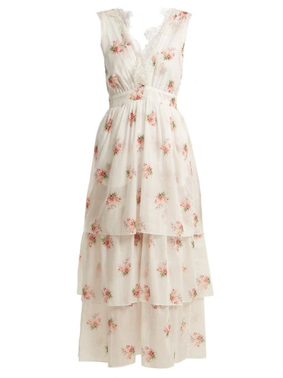 Brock Collection Sleeveless V-neck Floral-print Tiered Dress W/ Lace Trim